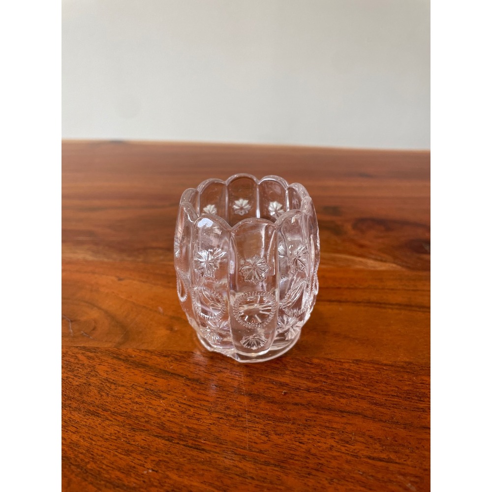 Vintage Clear Pressed Glass Toothpick Holder Scalloped Starburst Pattern 2.5in